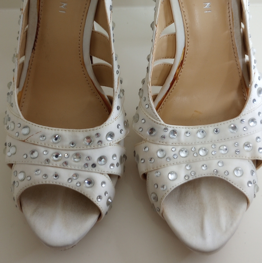 Gianni Bini White Peep-Toe Heels with Rhinestones - Picture 3 of 6